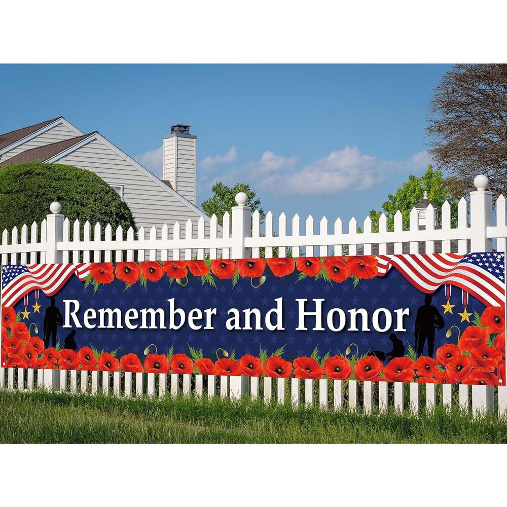 Memorial Day Fence Banner Remember Honor 4th July Patriotic Yard Decor